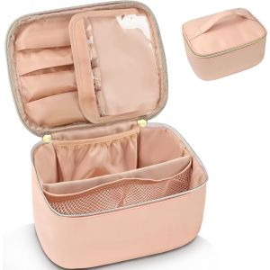 MAA-Grande Trousse de Toilette Femme Voyage, 25x17x12 cm Trousse Maquillage Femme avec Poignée, Étanche Portable Trousse Toilette avec Pochette pour Brosses et Séparateur (Rose) - Neuf