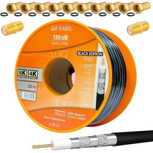 Câble coaxial satellite CCS PRO à 5 voies blindé Noir 135dB 25m Câble d'antenne coaxial en acier et cuivre pour installations DVB-S/S2/C/T BK + 10 fiches F plaquées or et 2 connecteurs F gratuits - Neuf