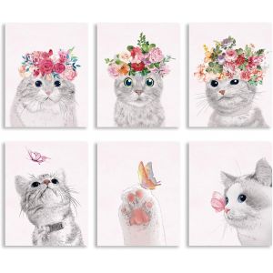 6 Pièces Chat Papillon Sans Cadre Toile Mur Art Papillon Salle De Bains Photo Décor Affiches Portant Fleur Papillons Bande Animaux Mignons Impression Sur Toile Oeuvre Décoration Murale - Neuf