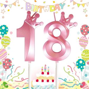 Chenquansarl-Bougie Numéro18, 3d Bougies De Gâteau, Bougie Numéro D'anniversaire, Avec Couronne Bougies Chiffres Anniversaire, Pour Les Fêtes D'anniversaire, Les Mariages, Les Anniversaires(Rose) - Neuf