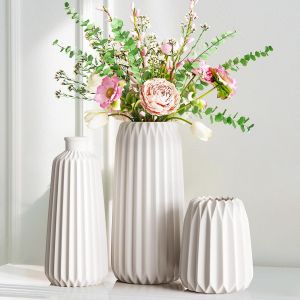Bnhgc-3pcs Vase Décoratif En Céramique Côtelé Blanc - Centre De Table, Décoration Maison, Style Nordique (L: Hauteur 20 Cm) - Neuf