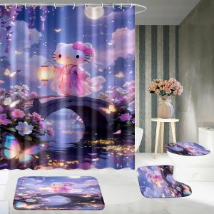 1/4 Hello Kitty Dessin Anim&eacute; Mignon Rideau De Douche Ensemble De Salle De Bain,Tapis De Sol Antid&eacute;rapant,Tapis De Sol En Forme De U,Si&egrave;ge De Toilette,Accessoires De Salle De Bain.10. 90x 180 Set - Neuf