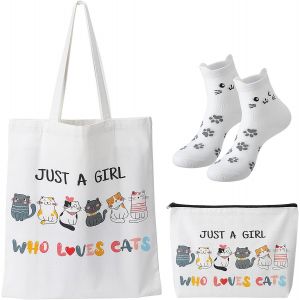 SJZG-Cadeau Pour Femme, Sac Fourre-Tout En Toile Avec Motif Chat, Sac De Maquillage Et Chaussette Pour Femme Avec Poche Int&eacute;rieure, Sac D'&Eacute;picerie En Toile Pliable R&eacute;utilisable Pour Filles, - Neuf