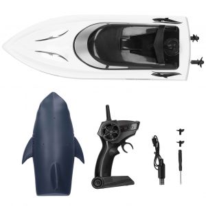 Bateau telecommande 2 en 1 avec tete de requin 2,4 GHz, jouet de course electrique RC - Neuf