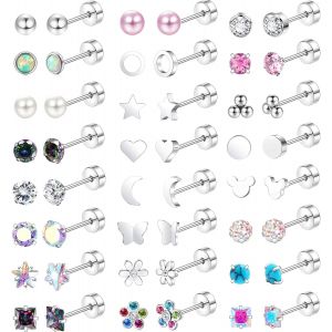 Kal-24 Pairs Boucles D'oreilles Femme Acier Inoxydable Hypoallergénique Boucles D'oreilles Papillon Fleur Zircone Étoile Perles Boucles D'oreilles Femme Argent Boucles D'oreilles Enfants Fille - Neuf