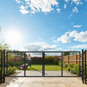 Portail De Jardin Double Battant - Anthracite, 300x100cm - Portillon Grillag&eacute; - Avec Poign&eacute;e, Serrure, Cl&eacute;s Et Verrouillage Au Sol - Acier Galvanis&eacute; - Neuf