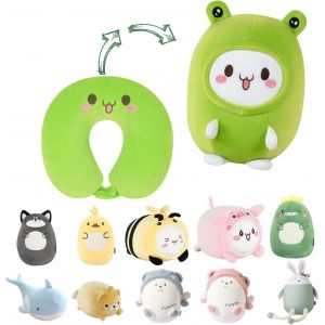 Trahoo-Coussin De Voyage 2 En 1 Pour Enfant, Coussin De Nuque Malléable Et Doux En Forme De U Et Adorable Peluche, Compagnon De Sommeil Et De Jeu Confortable, Pour Avion Et Voyages, Grenouille Verte - Neuf