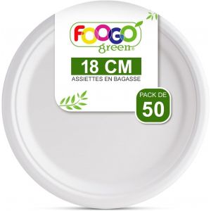 KALANKA-50 Assiettes Jetables Bagasse Canne à Sucre, 18 cm, pour Desserts et Entrées, Ecologiques, Biodégradables, Compostables, Pique-nique, Fête, Petites Assiettes Rondes Solides en Papier - Neuf