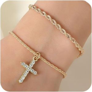Eryi-2 Pièces Bracelet Croix Pour Femme Argent Or Bracelet Avec Pendentif Croix Bracelet Chaîne Torsadée Bracelet Empilables Cz Pendentif Croix Bracelet Réglable Cadeaux Pour Femmes Filles - Neuf
