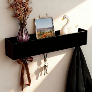 Pat&egrave;re Mural Design Moderne - Porte Manteau avec 5 Crochets Cach&eacute;s et &Eacute;tag&egrave;re Pratique - Noir - Pour Chambre, Couloir, Salon ou Salle de Bain - Installation Facile - Neuf