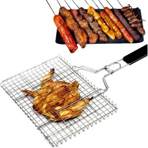 Ulteronixshop-Panier Grille pour Barbecue, Grille de Barbecue Portable avec Poign&eacute;e Amovible en Bois, Accessoires de Barbecue Grille Panier pour Poisson R&ocirc;ti, Crevettes, L&eacute;gumes, 32 x 22 x 3.5 cm - Neuf
