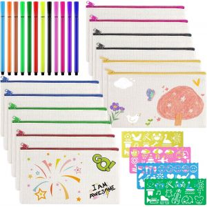 12 PCS DIY Pochette Tissu Zippée Trousse avec 12 Crayons Aquarelle et 4 Gabarits,12 x 21cm Toile Trousse de Rangement,Trousse Personnalisable,DIY Vierge Pochette Tissu pour Voyage,Maquillage - Neuf