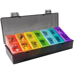 Pilulier Semainier,Pilulier Hebdomadaire 7 Jours Deux Fois Par Jour,Pillulier Grande Capacite Plus Rangement Boite,Pour Médicaments/Vitamines/Huile De Poisson/Suppléments (Couleur,14 Grille) - Neuf