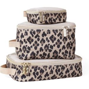 Lot De 3 Cubes De Rangement Ou Organisateur De Voyage, Avec Dessus En Maille, Doubles Fermetures &Eacute;clair Et Une Poign&eacute;e En Tissu, Motif L&eacute;opard - Neuf