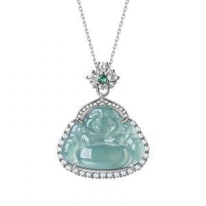 Collier Pendentif Bouddha Rieur En Jade Vert Naturel Véritable Pour Femme - Neuf