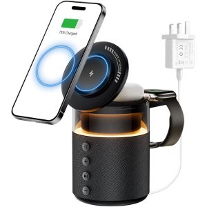 Station De Charge Sans Fil 3 En 1, Chargeur Sans Fil Pour Iphone 16, 15, 14, 13, 12 Pro Max, Apple Watch, Airpods, Station D'accueil De Chevet Avec Lumi&egrave;re, Support De T&eacute;l&eacute;phone Avec Haut-Parleur - Neuf