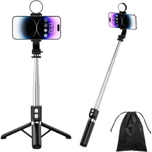 LORANKA-Perche Selfie avec Lumi&egrave;re, 4 en 1 Rechargeable Perche Selfie Tr&eacute;pied Renforc&eacute; et Stable Tige T&eacute;lescopique, 110cm Selfie Stick Tr&eacute;pied Compatible avec iPhone, Android, Gopro, Camera - Neuf