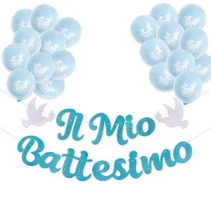 CAUC-Il Mio Battesimo Banni&egrave;re Banderole Bapt&ecirc;me Paillet&eacute; Papier Guirlande Bunting Banner Ballon DIY D&eacute;coration (Bleu) - Neuf