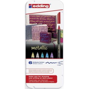 KALANKA-edding 1200 feutre de coloriage métallique - multicolor - 6 stylos - pointe ronde 1-3 mm - pour colorier, écrire, dessiner avec effets métalliques brillants - pour livres d'or, cartes de v?ux - Neuf