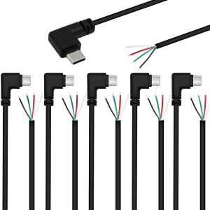 6PCS Queue de Cochon USB Type-C,Angle Droit de 90 degrés 28AWG 5V 3A Prise USB-C vers Fil Nu à 4 Broches,USB Type C Câble d'alimentation et de données,Prise USB C à souder (25cm) - Neuf