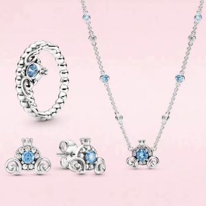 Ensemble Meilleur Bijoux Femme Argent 925 4ps Bleu Blanc Zircon Citrouille Voiture Collier Boucles D'oreilles Anneaux 58mm - Neuf