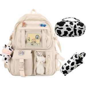 KALSC-Joli Sac À Dos D'École Pour Filles,Sac À Dos Esthétique Avec Épingle,Breloque,Trousse À Crayons,Sac À Dos Multi-Poches De Grande Capacité Pour Adolescentes,Kaki - Neuf