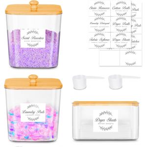 2+1 Bo&icirc;tes &agrave; Lessive avec Couvercle en Bambou, Pelles et &Eacute;tiquettes, Support pour Lessive, Support pour Lessive, Bo&icirc;tes Transparentes pour Lessive, Poudre et Perles Parfum&eacute;es - Neuf