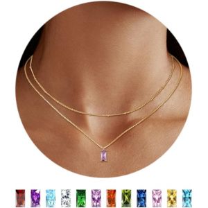 Kal-18k Plaqu&eacute; Or Collier Femme Avec Pierre De Naissance Pendentif R&eacute;glables Empilables Collier Ras De Cou Femme Chaine Or Cadeaux Pour Femme Cadeau De No&euml;l Anniversaire - Neuf