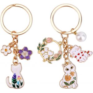 KAL-2Pcs Porte-Cl&eacute;s Chat Mignon, Kawaii Blanc Motif Chat Et Fleur &Eacute;mail Porte-Cl&eacute;s Chatd&eacute;coration Japonaise Femme Breloques &Eacute;l&eacute;gantes Pour Sac &Agrave; Main Sac &Agrave; Dos Fournitures Et Accessoires - Neuf