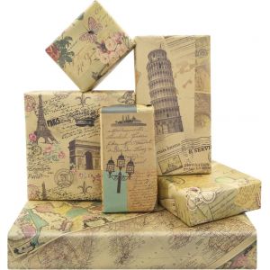 TIANYI-Papier Emballage Cadeau Vintage Fran&ccedil;ais Paris Tour Eiffel Arc de Triomphe Tour pench&eacute;e de Pise V&eacute;lo Papillon Rose Cartes Voyageur 6 Feuilles 6 Motifs pour Anniversaire de Mariage, 50 x 70 cm - Neuf