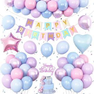 AYUHR-Décorations d'anniversaire rose, bleu, violet pour femmes et filles, ballons en latex rose vif et bleu - Bannière « Happy Birthday » - Ballons en aluminium - Fournitures de fête - Neuf