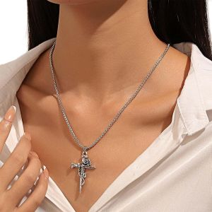 Kal-Collier Croix Rose Pour Femmes Collier Pendentif Croix Religieuse Vintage Argent Bo&icirc;te Italienne Collier Cha&icirc;ne Hip Hop Bijoux Cadeaux Pour Filles - Neuf