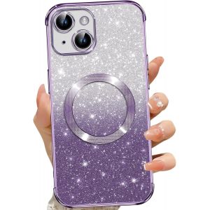 SJZG-Coque Magnétique Pour Iphone 13, Etui À Paillettes Compatible Avec Magsafe, Antichoc Charge Sans Fil Housse Pour Iphone 13, Avec 2 Verre Trempé, Pourpre - Neuf