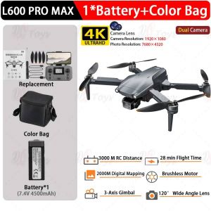 L600-1/L600 Pro Max Drone Télécommandé Avec Écran Double Caméra 4k Drone Professionnel Avec Caméra Gps Fpv Quadrirotor 3km Vol-L600 Pro Max No Oas- - Neuf
