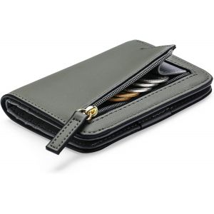 Portefeuille compact en cuir gris fonc&eacute; pour femme, blocage RFID, &agrave; deux volets, avec poche zipp&eacute;e pour pi&egrave;ces de monnaie et fen&ecirc;tre pour carte d'identit&eacute;. - Neuf