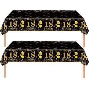 Sjzg-2 Pi&egrave;ces Nappe Noire Et Dor&eacute;e Decor F&ecirc;te D'anniversaire Pour 18 Ans, 137x274cm Nappe Plastique Et Rectangulaire D&eacute;coration De Table Joyeux Anniversaire Pour Gar&ccedil;on Fille D&eacute;coration Anniversaire - Neuf