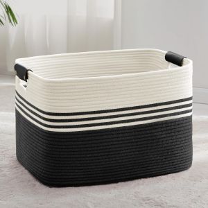 MEVRONISSHOP-Panier &agrave; linge tress&eacute; en corde de coton - 86 l - Avec poign&eacute;es en cuir - Pour couvertures, v&ecirc;tements, jouets, chambre d'enfant, salon - 60 x 40 x 36 cm - Blanc et noir - Neuf