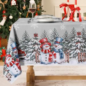 Nappe Gris Rectangulaire 150x300 Cm Grande Taille Nappes No&euml;l Anti Tache Avec Flocons De Neige Bonhomme De Neige Blanc Et Sapin De No&euml;l Id&eacute;ale Pour F&ecirc;te,Jardin,Exterieur,Cuisine,Salon - Neuf