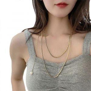 Collier &Eacute;l&eacute;gant &Agrave; Double Rang De Maille Serpent, Pendentif Perle, Id&eacute;al Pour Un Pull, Cadeau D'halloween, Cadeau De No&euml;l, Cadeau Personnalis&eacute; - Neuf