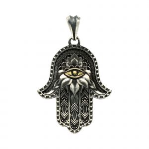 Pendentif Argent Main De Fatma Hamsa Avec Un ?il Dor&eacute; - Neuf