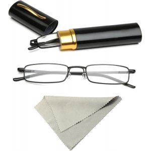 Lunettes De Lecture,Mini Pliables,Étroites En Métal À Charnière À Ressort Aide À La Lecture +2.0,Unisexe,Avec Étui Und Chiffon Lunette,Noir - Neuf
