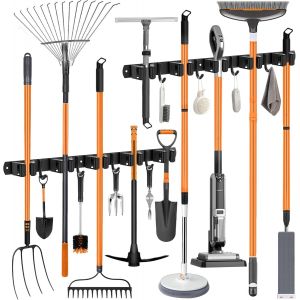 NouvelHorizonstore-Accroche Balai Mural, Porte Balais Mural en Acier Inoxydable - 10 Supports + 8 Crochets, Support Balais Mural Sans Percer Noir, Utilisable en Cuisine, Salle de Bain, Jardin, Garage - Neuf