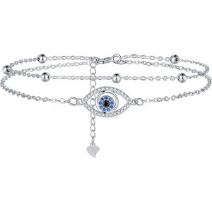 Eryi-Bracelet Mauvais Oeil Pour Femme Argent Sterling 925 Double Chaînes Protection Bracelet Avec Boules Et Zircones Anniversaire Cadeau De Noël, Réglable 17+4cm - Neuf