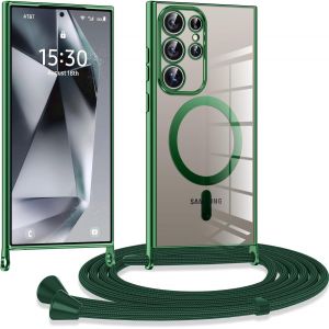 Sansh-Coque Avec Cordon Pour Samsung Galaxy S24 Ultra 5g, Coque Magnétique De Cellulaire Corde Transparent Silicone Étui En Galvanisé Avec Réglable Collier Téléphone Chaîne Lanyard Housse, Vert - Neuf