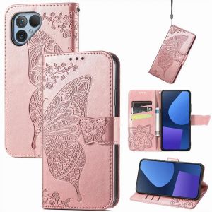 SATURCASE Coque pour Fairphone 5, Papillon Fleurs PU Cuir Magnétique Flip Portefeuille Support Porte-carte Protecteur Housse Étui avec Dragonne pour Fairphone 5 (HF-Or Rose) - Neuf