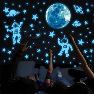 Etoiles Phosphorescentes Plafond Sticker Mural Lumineux Espace Astronaute Lumineuses Système Solaire Planètes Lune Et Etoile Phosphorescent Stickers muraux pour Chambre Enfant Bébé Plafond Décor Bleu - Neuf