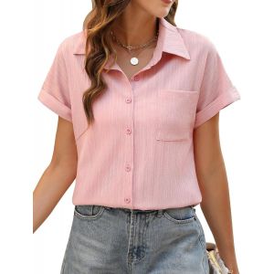 Utigh-Chemise Femme Haut Été Blouse Femme Chic Et Élégant Manches Courtes Col En V Chemisier Tunique Tops Avec Boutons Haut Décontractés T-Shirts D'été Ample Couleur Unie - Neuf