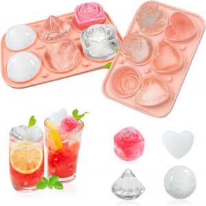 Kal-Bac À Glaçons Silicone, 2 Pièces De 6 Compartiments Moule À Glaçons, Bacs À Démoulage Facile Glaçons Avec Couvercle Entonnoir Pour Cocktails Whisky Vin(Glaces Rose/Diamant/Forme De Coeur/Boule) - Neuf