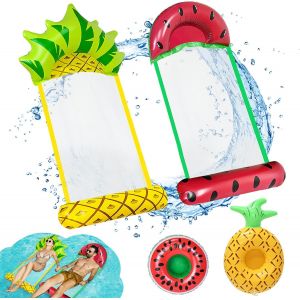 Hamac Gonflable Piscine, 2pcs Flottant Hamac Gonflable Avec 2pcs Porte-Gobelet Flottant, Past&egrave;que Et Ananas Hamac D'eau, Chaise Longue De Piscine Flottantes Portable Pour Piscine,Plage - Neuf