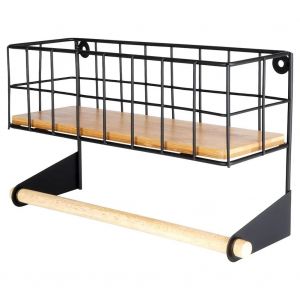 Etag&eacute;re m&eacute;tal noir avec porte serviettes 32 x 10 x 18 cm - Neuf